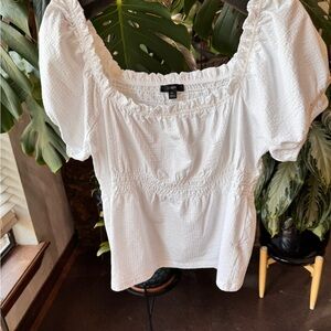J. Crew White Puff Sleeve Smocked Blouse